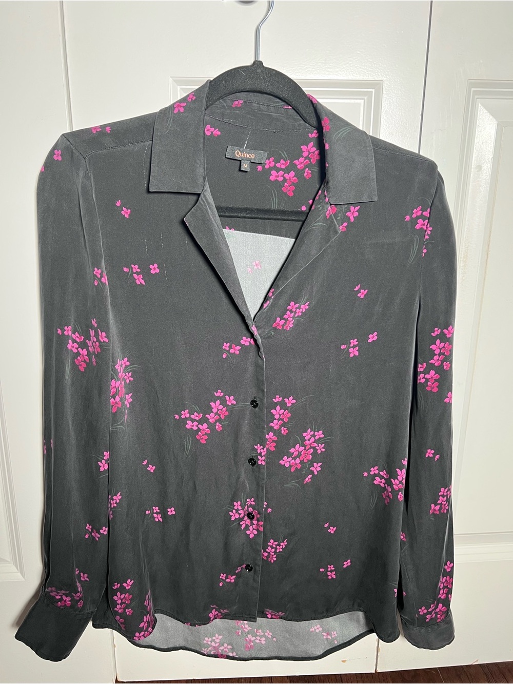 Quince Black Silk Blouse with Pink Floral Pattern